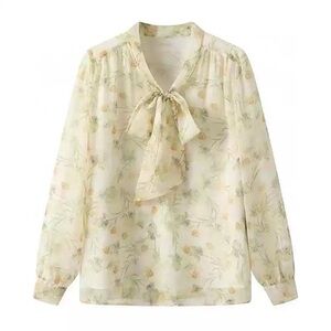 Floral Cream Blouse long sleeve front bow tie floral patterned top v neck